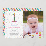 Rainbow Sprinkles 1st Birthday Party Invite<br><div class="desc">Celebrate your little one's first year with joy and colour with this delightful 1st birthday party invitation, perfectly capturing the essence of a rainbow sprinkle theme. The invitation features a crisp, white background, creating a clean and fresh canvas that allows the vibrant colours to truly pop. At the heart of...</div>