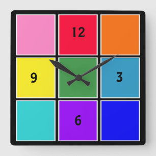 Rainbow Squares on Black  Square Wall Clock