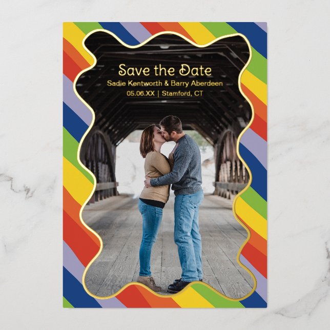 Rainbow Squiggle Modern Wedding Save the Date (Front)