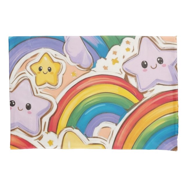 Rainbow, stars and cute smile pillowcase (Front)