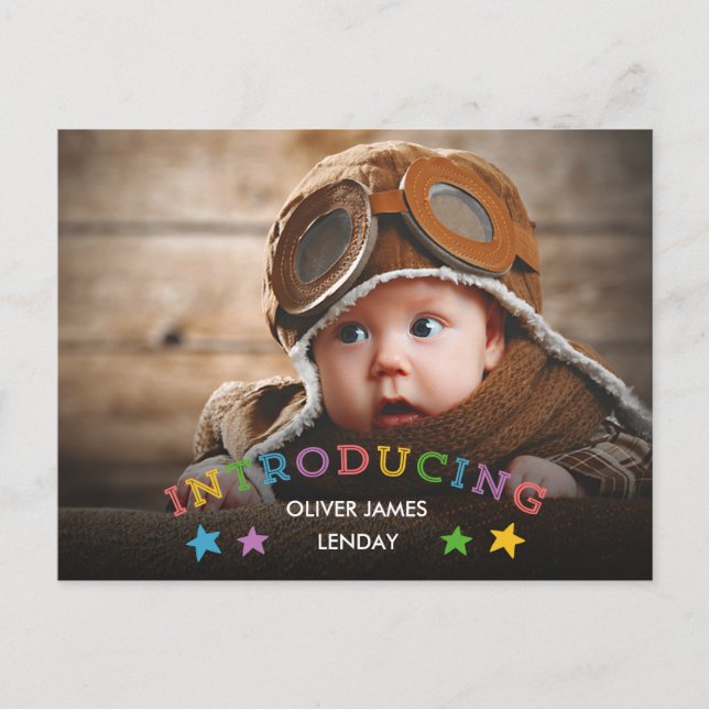 Rainbow Stars | Baby Birth Announcement Postcard (Front)