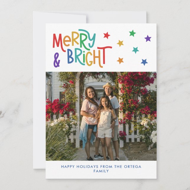 Rainbow Stars Merry & Bright Photo Christmas Holiday Card (Front)