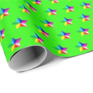 rainbow stars on neon green wrapping paper