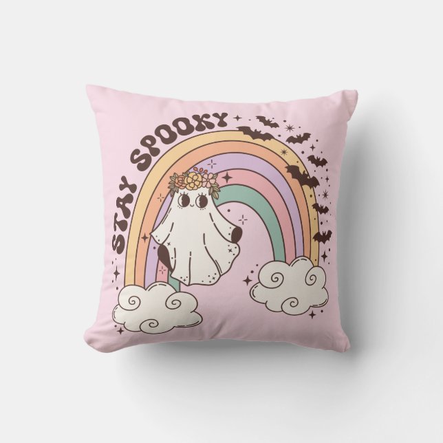 Rainbow Stay Spooky Throw Pillow (Front)