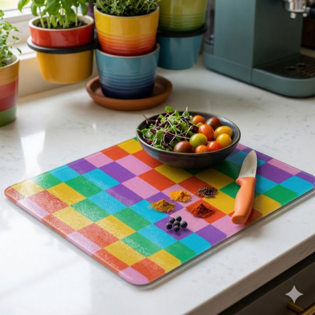 Rainbow Steps Blocks Pattern Decorative Glass Cutting Board (Creator Uploaded)