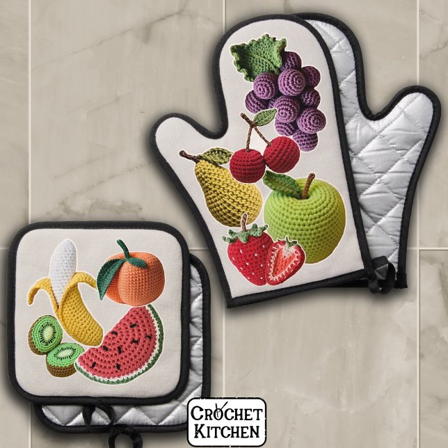Rainbow Stickerbomb Crochet Fruit Collage  Oven Mitt & Pot Holder Set (Creator Uploaded)