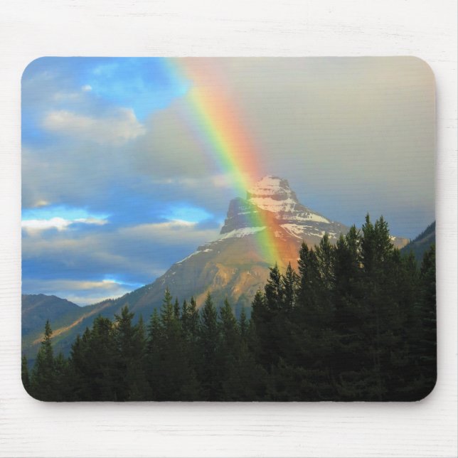 Rainbow & Stormy Skies Over Snowy Forest Mountain Mouse Pad (Front)