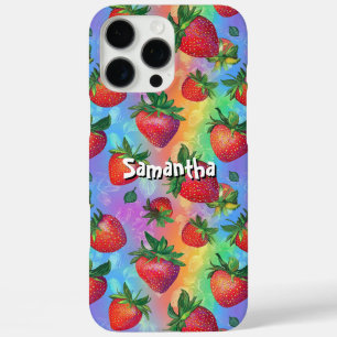 Rainbow Strawberry Pattern with Customizable Name iPhone 16 Pro Max Case