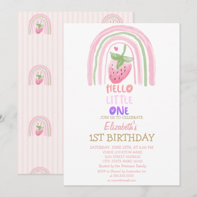Rainbow Strawberry Stripe Hello Little One  Invitation (Front/Back)