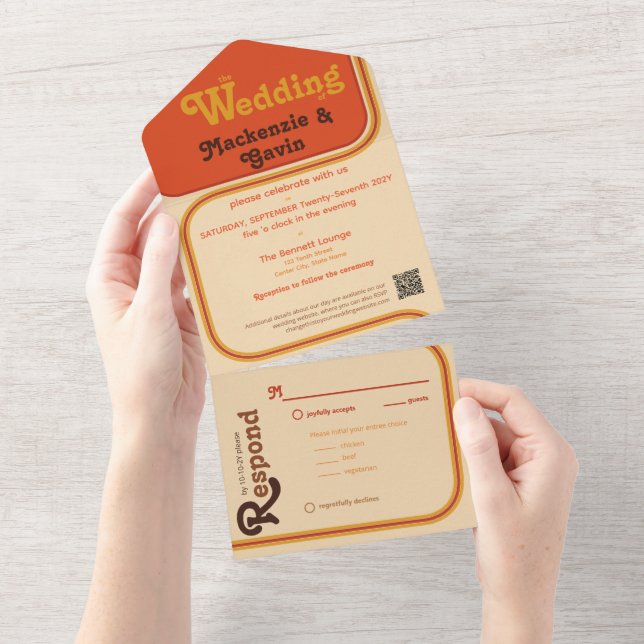 Rainbow Stripe Curved Border - Orange Brown All In One Invitation (Tearaway)