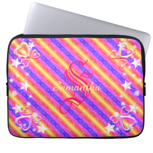 Rainbow Stripe Monogram Name Sparkle Hearts Girly Laptop Sleeve