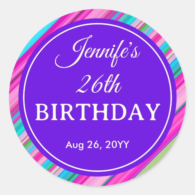 Rainbow Stripe Pattern Birthday Custom Text Classic Round Sticker (Front)