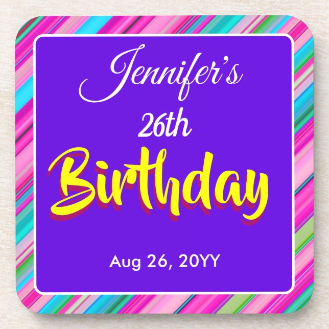 Rainbow Stripe Pattern Birthday Custom Text Coaster (Front)