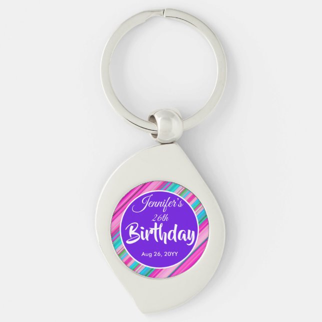 Rainbow Stripe Pattern Birthday Custom Text Keychain (Front)