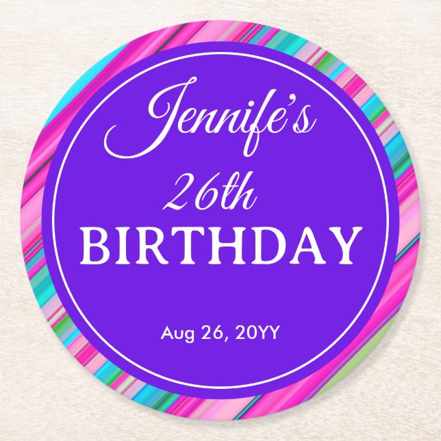 Rainbow Stripe Pattern Birthday Custom Text Round Paper Coaster (Front)