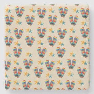 Rainbow Striped Beach Flip Flops and Starfish Stone Coaster