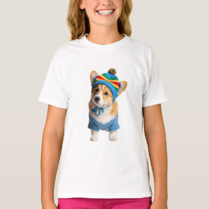 Rainbow Striped Beanie Blue Corgi Kids T-Shirt