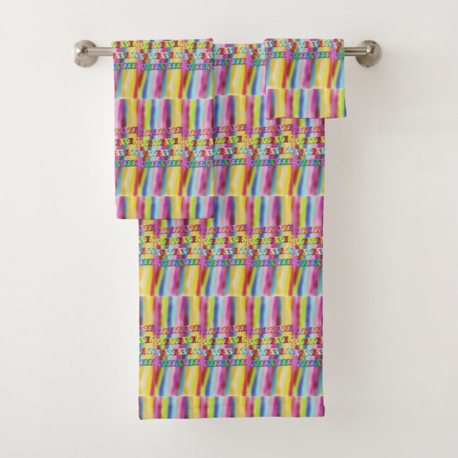 Rainbow striped check mixed colors bright bath towel set (Insitu)
