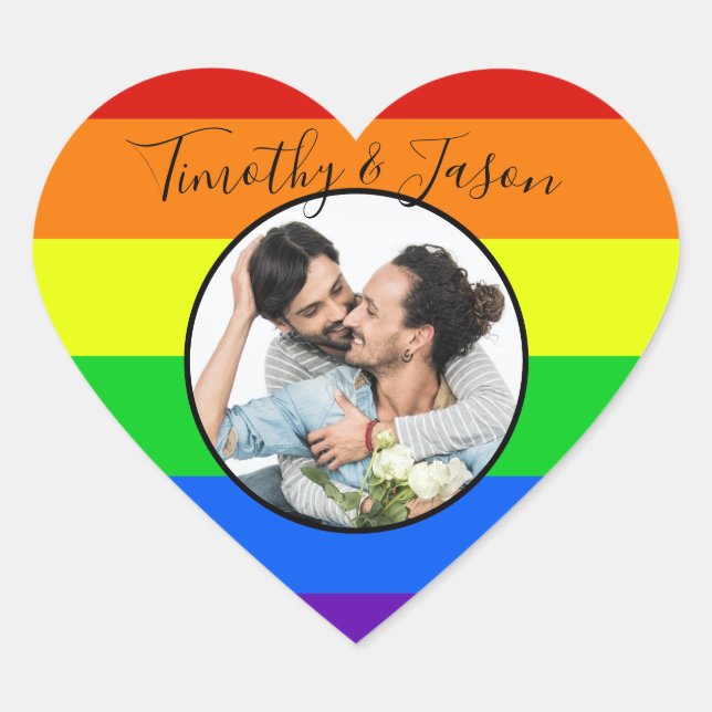 Rainbow Striped Custom Heart Photo LGBTQ Wedding Heart Sticker (Front)