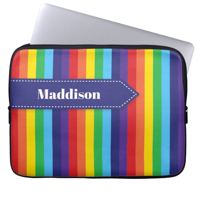 Rainbow Striped Electronics Sleeve with Name (Front)