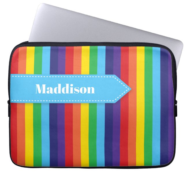 Rainbow Striped Electronics Sleeve with Name (Front)