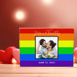 Rainbow Striped Gay Pride Couple Wedding Photo<br><div class="desc">This bold rainbow striped glass photo block features a custom romantic LGBTQ engagement photo for a gay or lesbian couple who loves bright and colourful striped gifts.  Personalize this cheery LGBT newlywed present with your names and date on the red,  orange,  yellow,  green,  blue,  and purple stripes.</div>