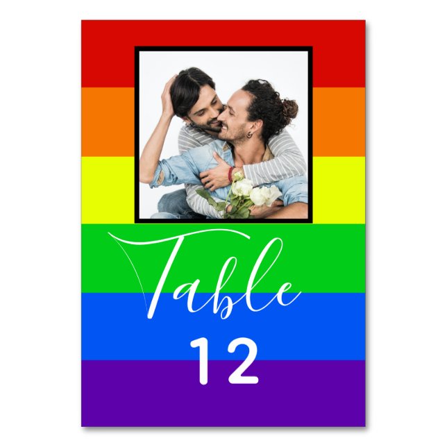 Rainbow Striped Gay Pride Couple Wedding Photo Table Number (Front)