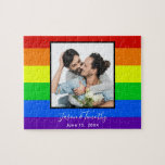 Rainbow Striped LGBTQ Couple Photo Anniversary Jigsaw Puzzle<br><div class="desc">This bold rainbow striped wedding anniversary puzzle gift features a custom romantic LGBTQ engagement photo for a gay or lesbian couple who loves bright and colourful gifts.  Personalize with your names and anniversary date on the red,  orange,  yellow,  green,  blue,  and purple stripes.</div>