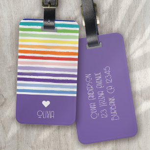 Rainbow Striped Monogram Heart Luggage Tag