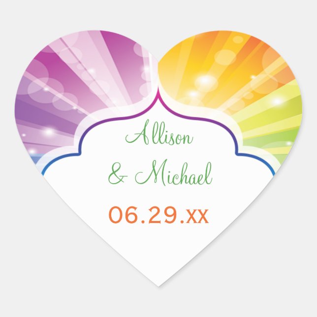Rainbow Striped Sunburst Wedding Favour Sticker (Front)
