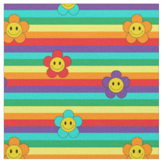 Rainbow Stripes and Hippie Flowers Pattern Fabric
