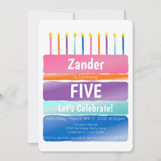 Rainbow Stripes Birthday Candle Cake Invitation (Front)