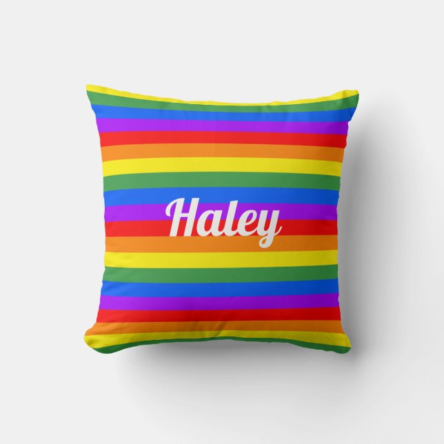Rainbow Stripes Custom Name Throw Pillow (Front)