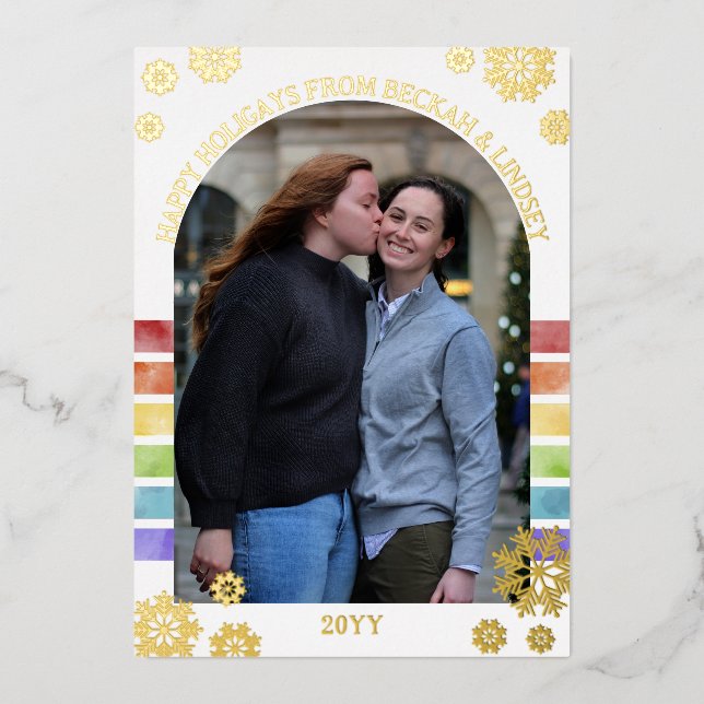 Rainbow Stripes Gold Snowflakes Happy Holigays Foil Holiday Card (Front)