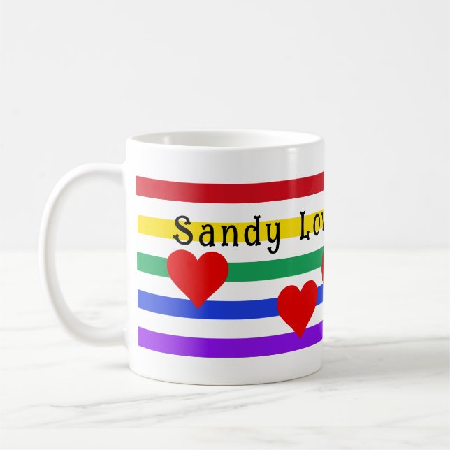 Rainbow Stripes Hearts First Names Customize Coffee Mug (Left)