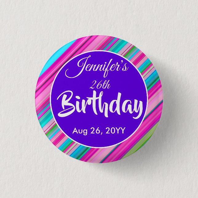 Rainbow Stripes Pattern Birthday Custom Template 1 Inch Round Button (Front)