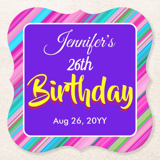 Rainbow Stripes Pattern Birthday Custom Template Paper Coaster (Front)