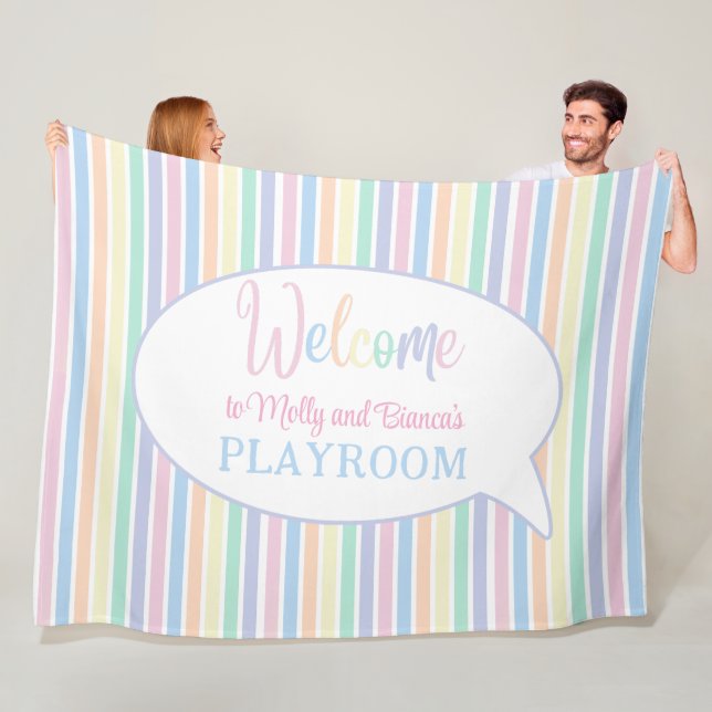 Rainbow stripes personalized kids playroom fleece blanket (In Situ)