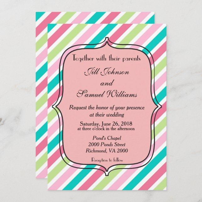 Rainbow Stripes pink blue green and white Invitation (Front/Back)