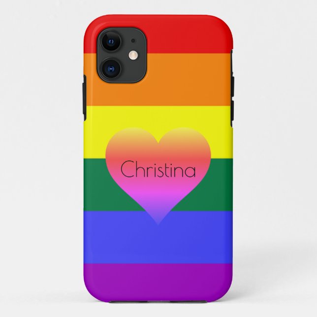 Rainbow Stripes Pride with Hearts & Custom Name Case-Mate iPhone Case (Back)