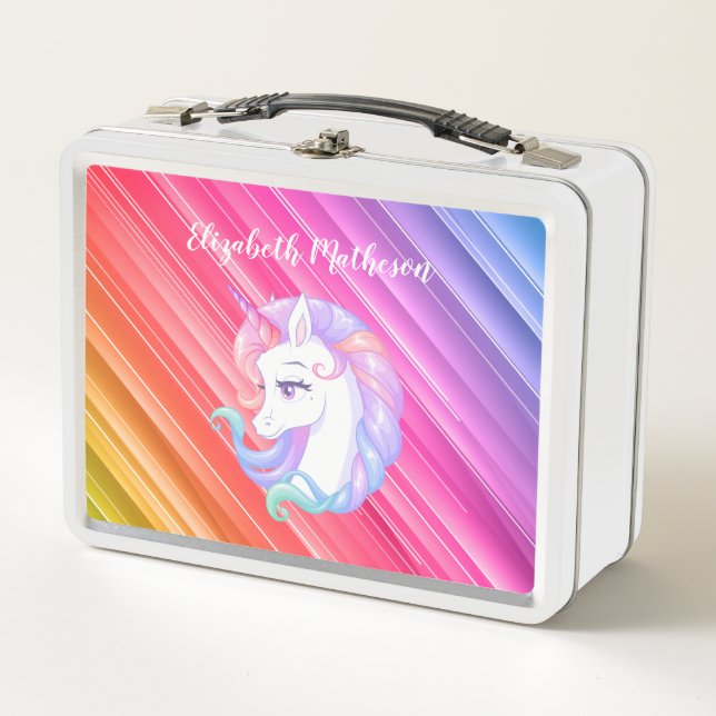 Rainbow Stripes Unicorn Pony Girly Metal Lunch Box (Front)