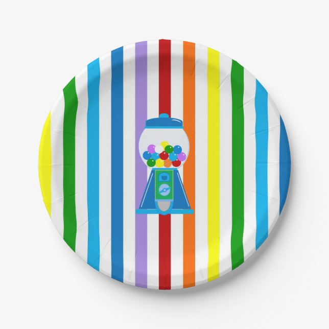 Rainbow stripes with blue gumball machine paper plate (Front)