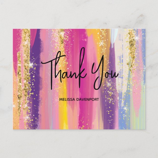 Rainbow Stripes with Faux Glitter Thank You Postcard (Front)