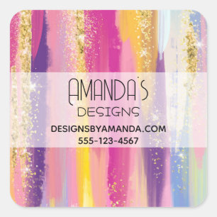 Rainbow Stripes with Faux Gold Glitter Business Square Sticker