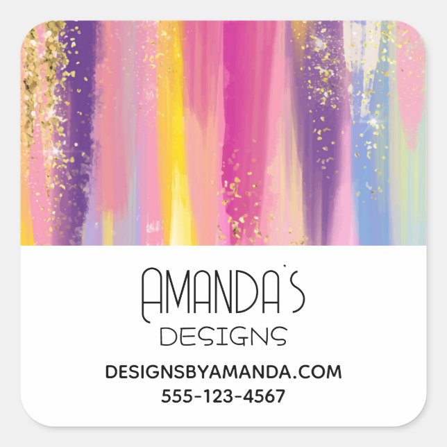 Rainbow Stripes with Faux Gold Glitter Business Square Sticker (Front)