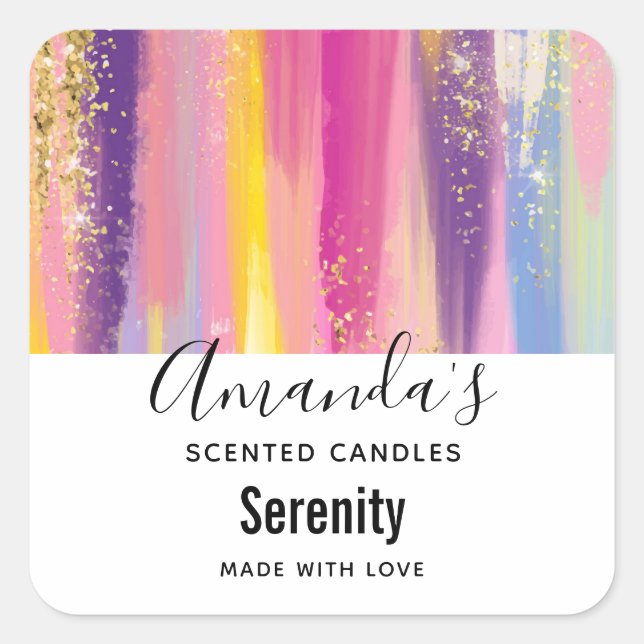 Rainbow Stripes with Faux Gold Glitter Candle Biz Square Sticker (Front)