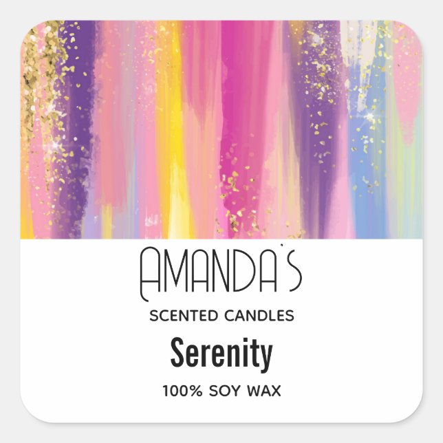 Rainbow Stripes with Faux Gold Glitter Candle Biz Square Sticker (Front)