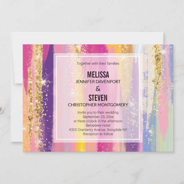 Rainbow Stripes with Faux Gold Glitter Wedding Invitation (Front)