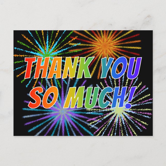 Rainbow Style "THANK YOU SO MUCH!", Fireworks Look Postcard (Front)