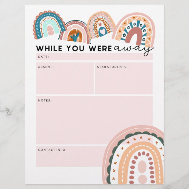 Rainbow Substitute Teacher While You Were Away Letterhead (Front)